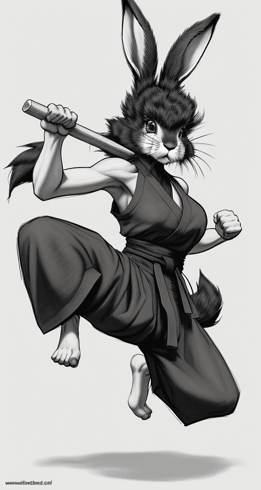 AI generated: sketch, no color, cartoon, line art, 2D, black fur, hare woman, hare legs, monk, martial arts kick