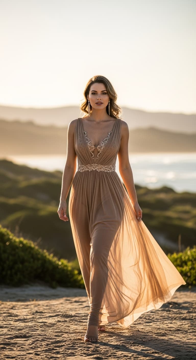 AI generated: a confident Australian slim woman wearing a sheer long dress with absolute elegance 