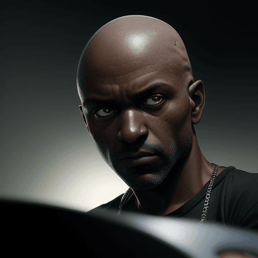AI generated: Ultra-realistic photograph of a middle age DJ man with no hair dark skin and green eyes, his face lo...