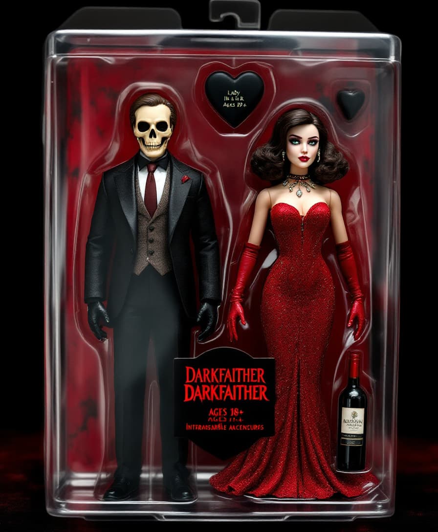 AI generated: A stylized collectible action figure in a toy package labeled "DARKFAITHER" for ages 18+, featuring ...