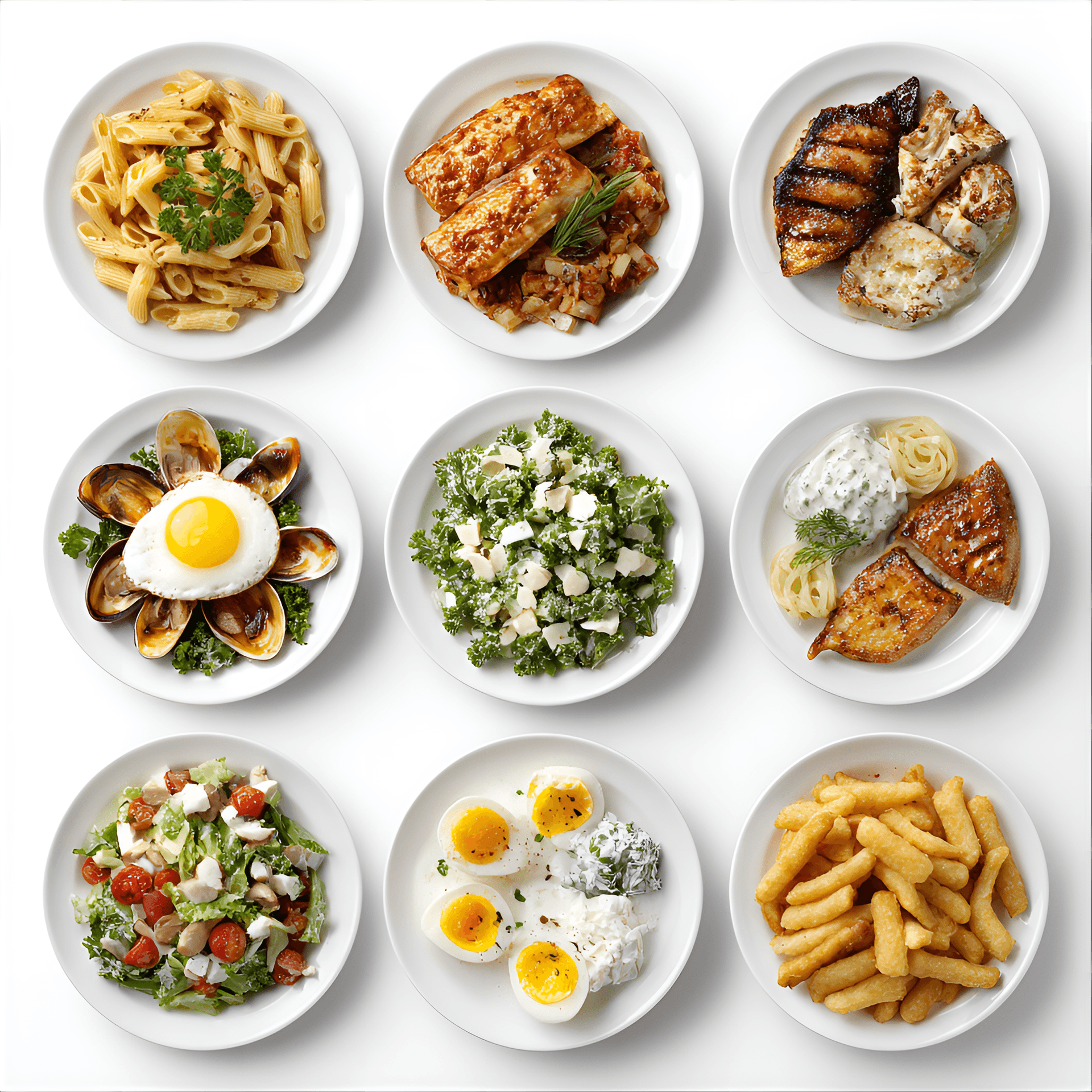 AI generated: Assorted food plates, overhead view, various cuisines, high-angle shot, studio lighting, white backg...