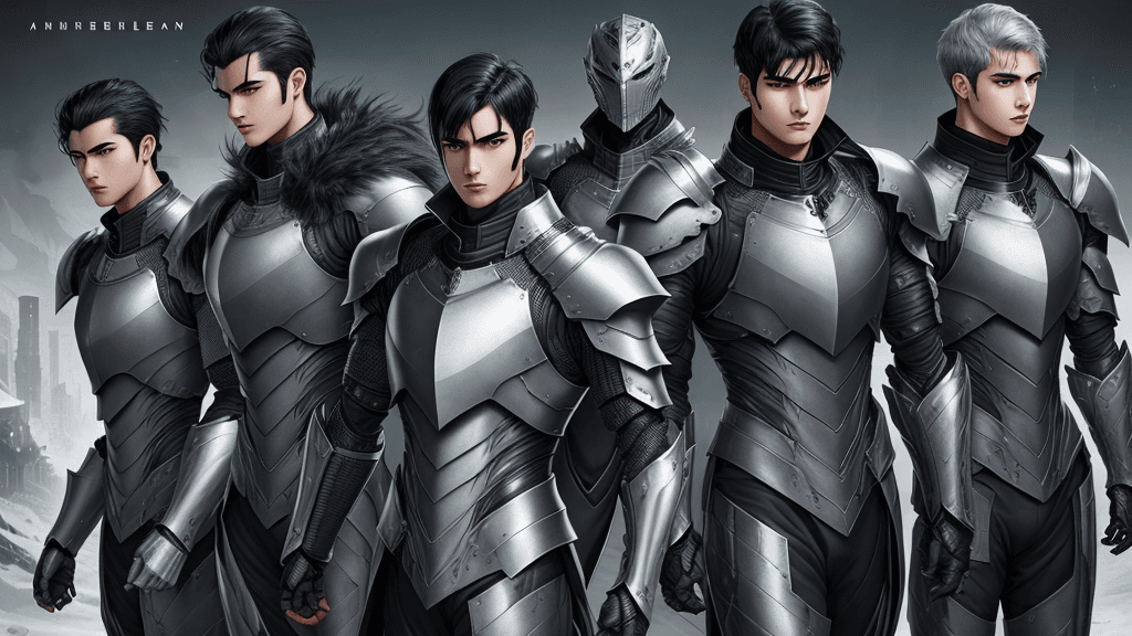 AI generated: Series Cover, 5 male armored humans, normal black hair, face, silver theme, fortress