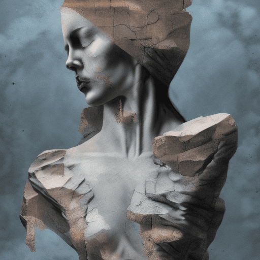 AI generated: broken woman represented by a stone statue breaking apart in the style of an eerie digital painting,...