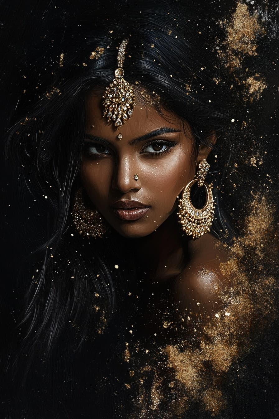 AI generated: Hyperrealistic portrait of a breathtakingly beautiful South Indian woman in her 30s, long black hair...