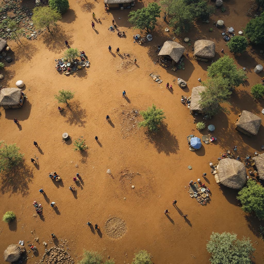 AI generated: an arial view of an african village with people going about their activities