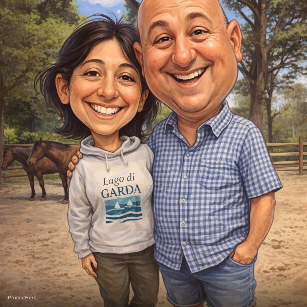 AI generated: funny caricature, adult man and woman (input Image), mid-30's, big cartoonish head, exaggerated cari...