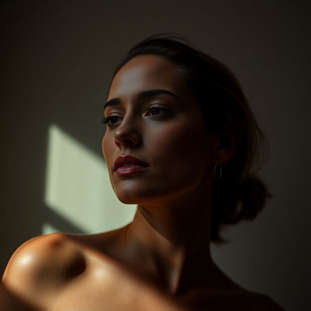 AI generated: high-resolution photograph, woman, stunning use of shadows, in the syle of crisp lines and forms,  U...