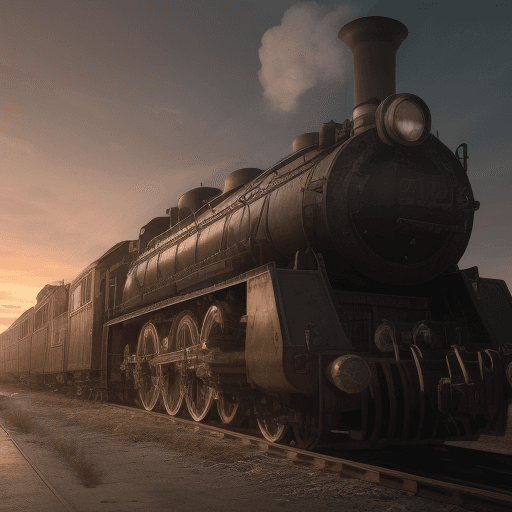 AI generated: Steam punk locomotive stands in an old train station, dramatic light, pale sunrise, cinematic lighti...