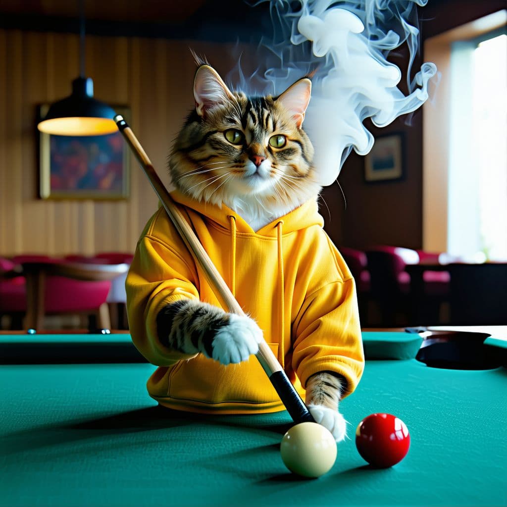 AI generated: Dramatic photo, visual tension, anthropomorphic real cute cat, wearing yellow casual wear, holding a...