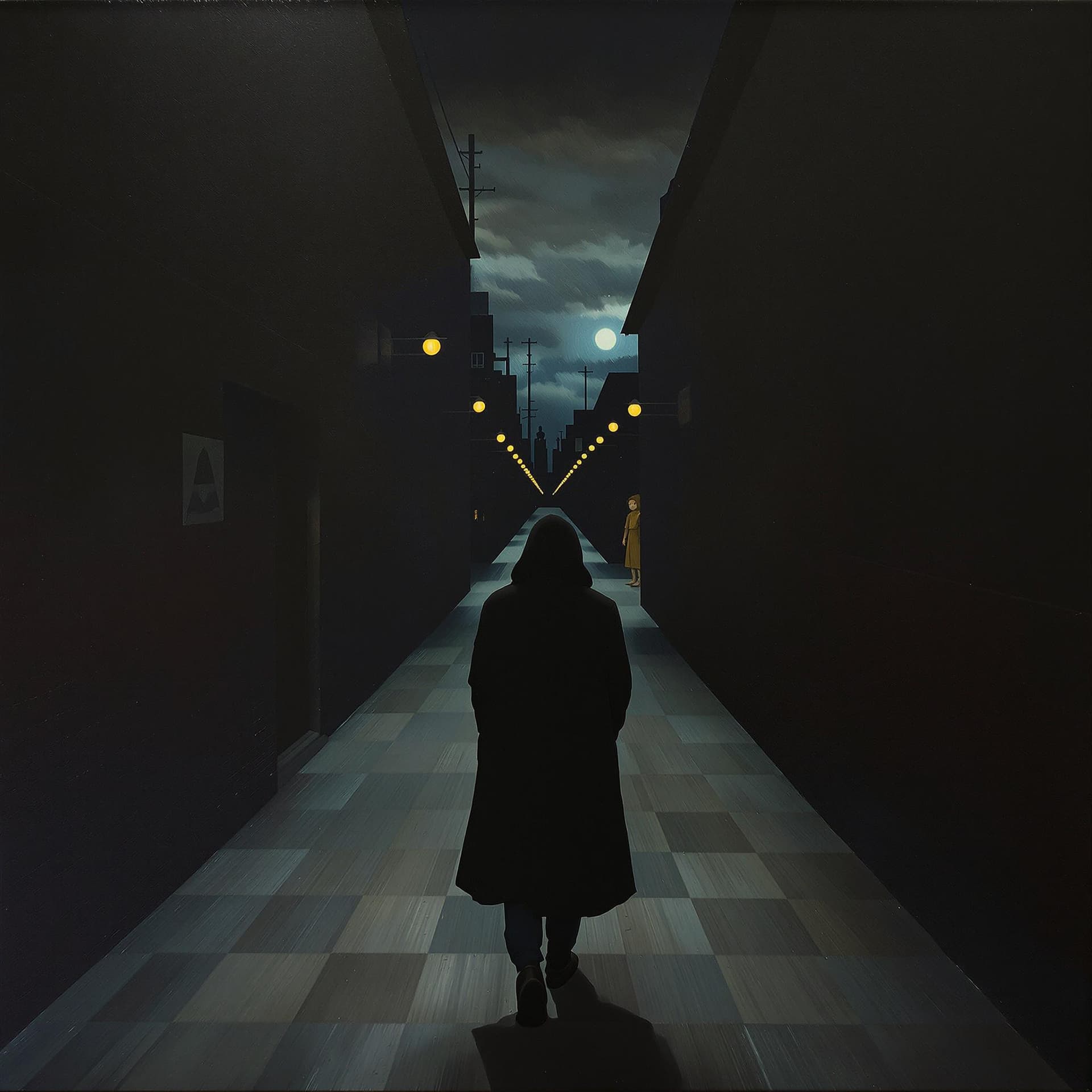 AI generated: A surreal painting inspired by René Magritte. The composition features a man, in a hooded cloak, wal...