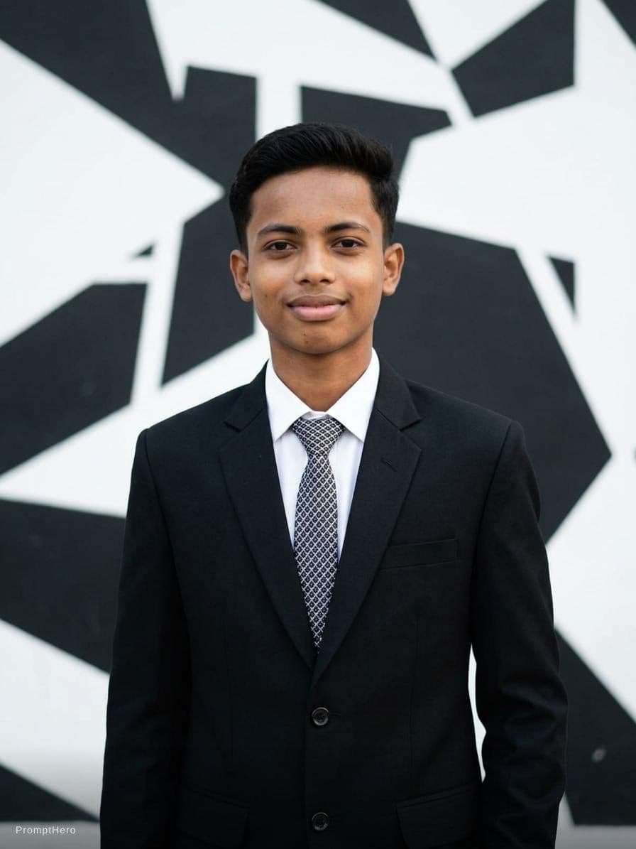 AI generated: A stylish boy stand and wall colour black and white mixing, boy wear a coat and tai, he small smile ...