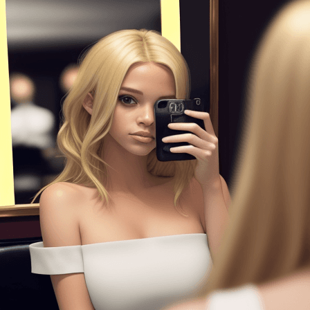 AI generated: photo of blonde woman. she is in the restaurant and she is taking photo of herself by mirror and sha...