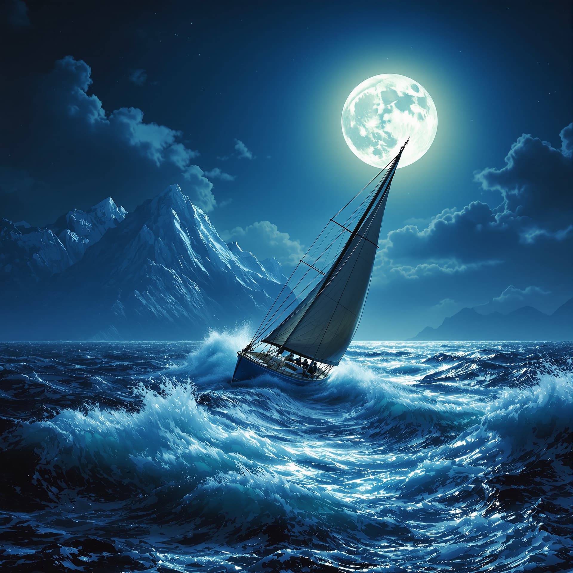 AI generated: A full moon over a raging ocean . 8k In the distance are giant crystal mountains. A sailing yacht is...