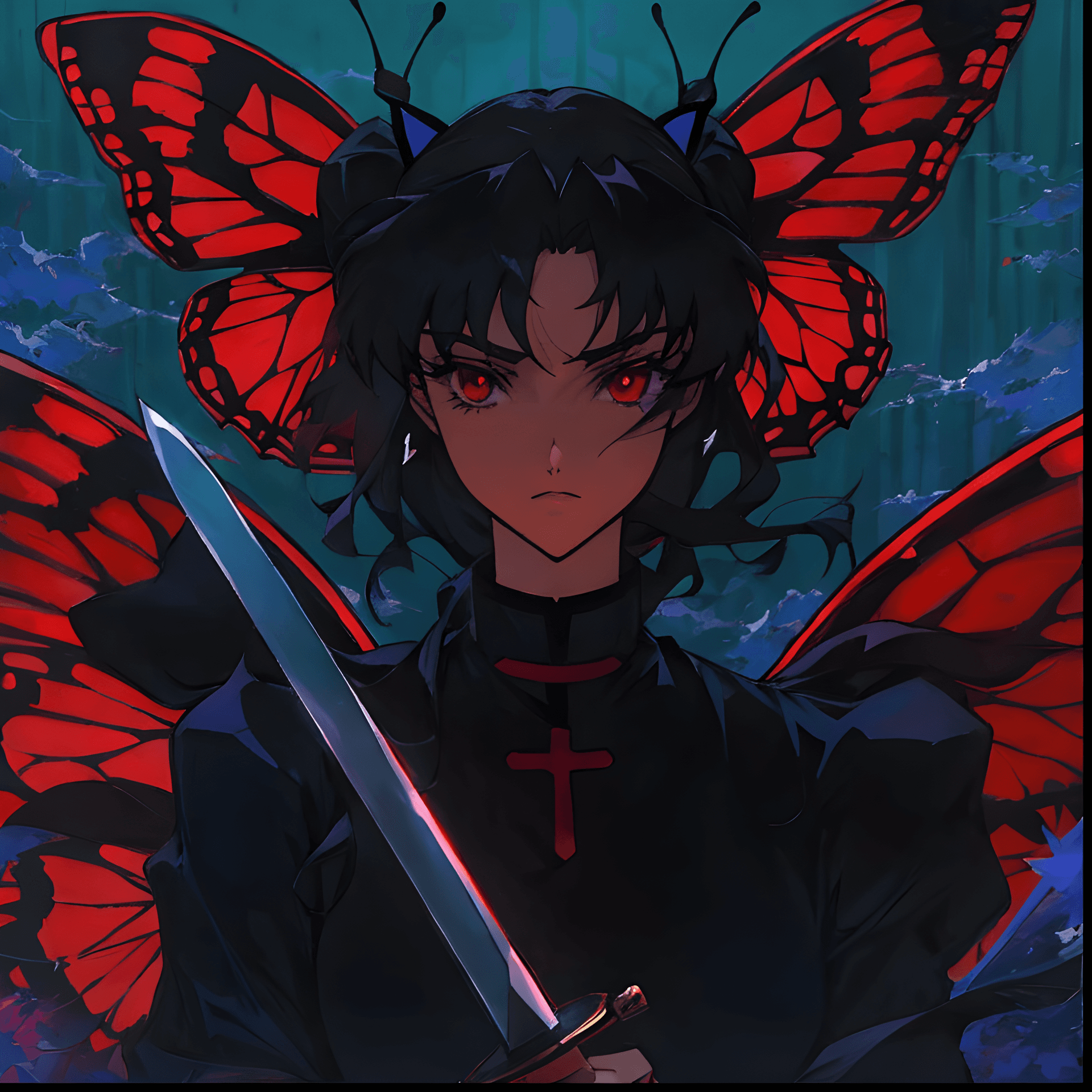 AI generated: a woman with a butterfly on her head holding a sword, inspired by Satoshi Kon, trending on cg societ...