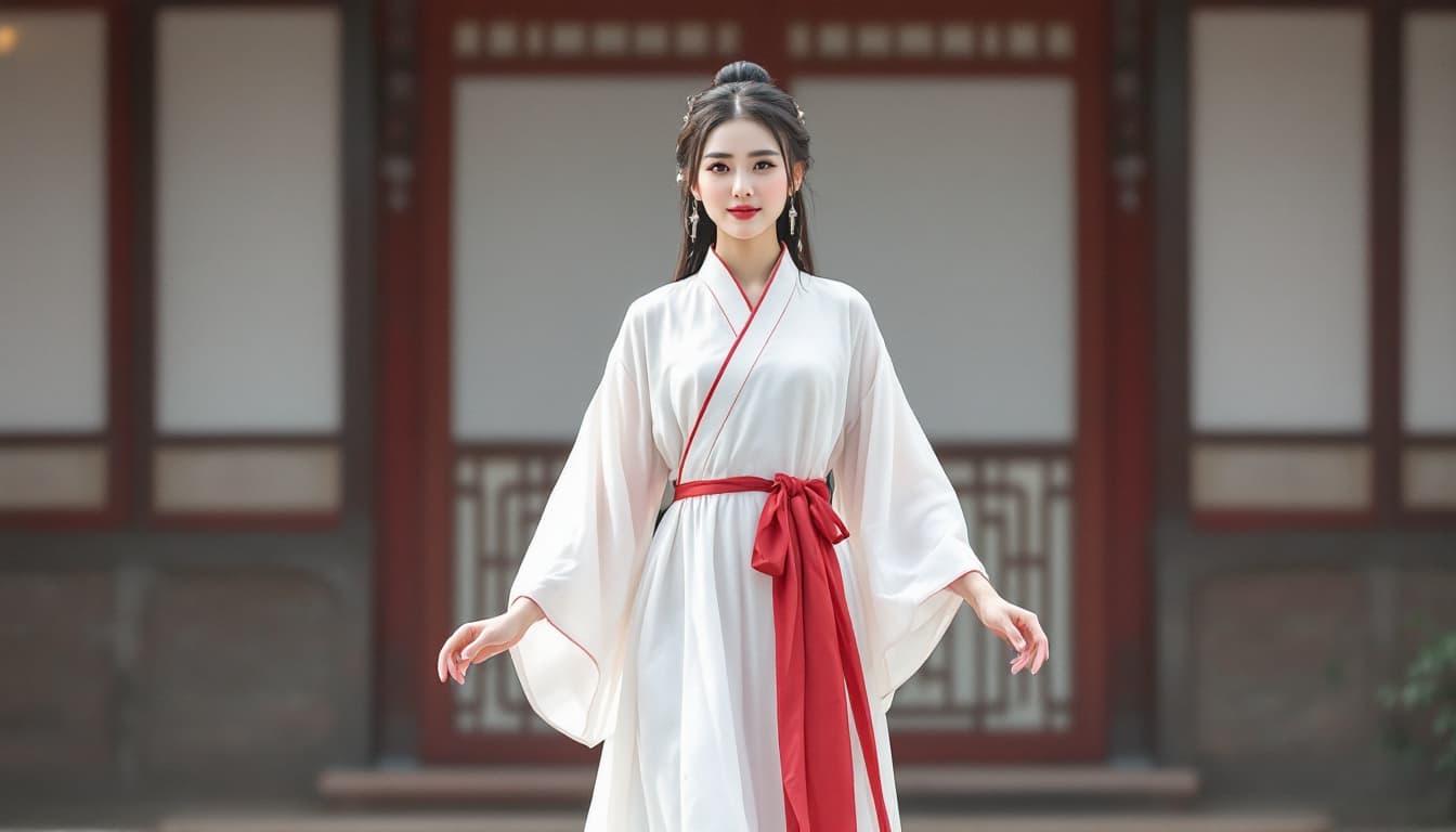 AI generated: Chinese hanfu, a white long skirt with a red sash around the waist and short sleeves, worn by a Chin...