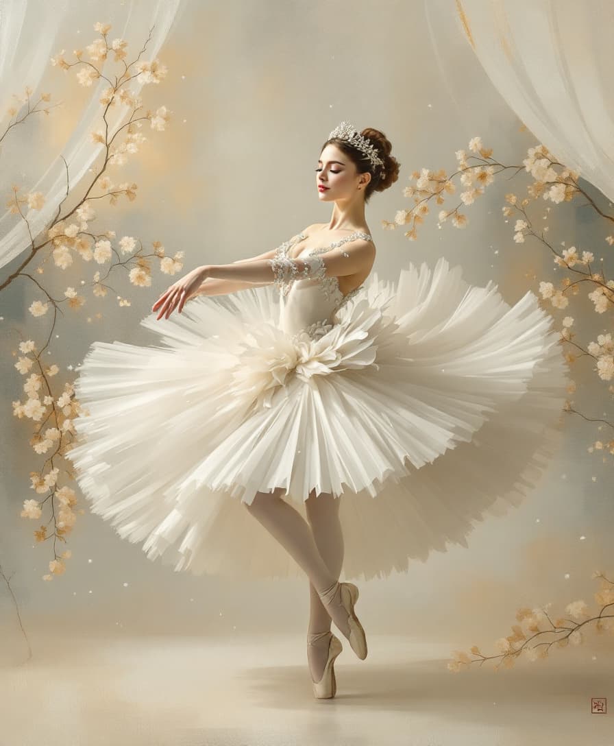 AI generated: Uma bailarina elegante inspirada em Anna Pavlova dançando 'O Lago dos Cisnes', com uma roupa branca ...