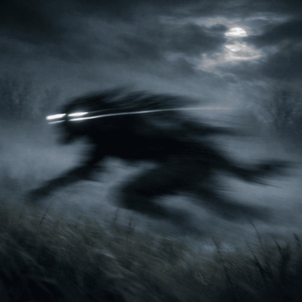 AI generated: blurred motion of dark creature running through misty field at night, glowing eyes leaving light tra...