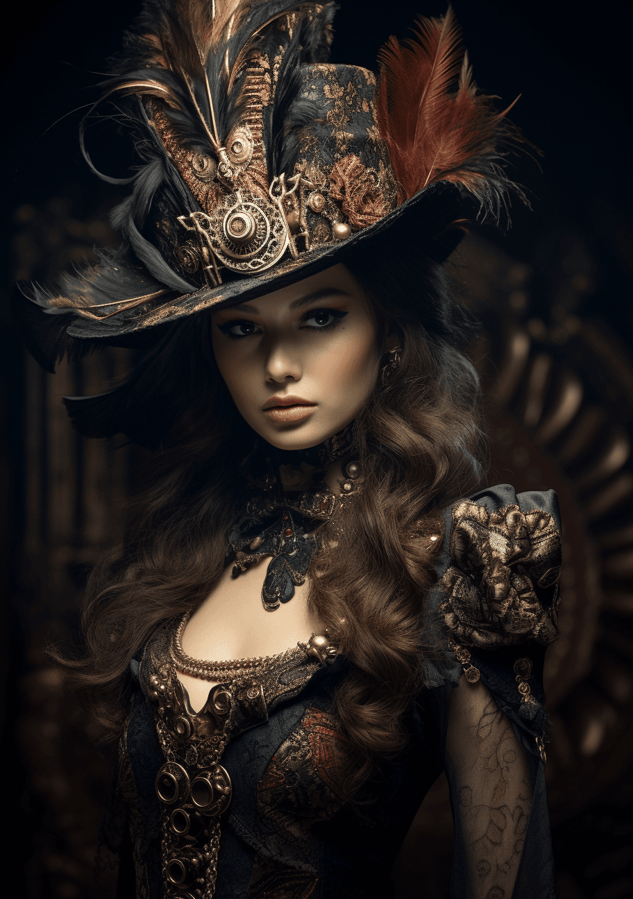 AI generated: carnivale de l'aide, in the style of steampunk inspired, dramatic diagonals, feminine imagery, tanbi...