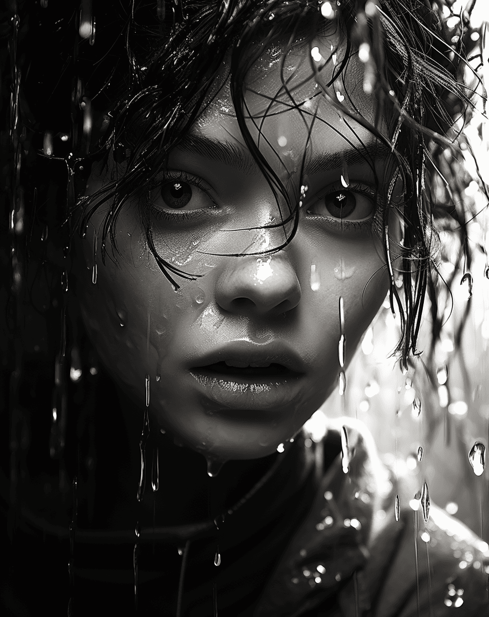 AI generated: woman face with water drops in pictures of girl from the sea, in the style of black and white master...