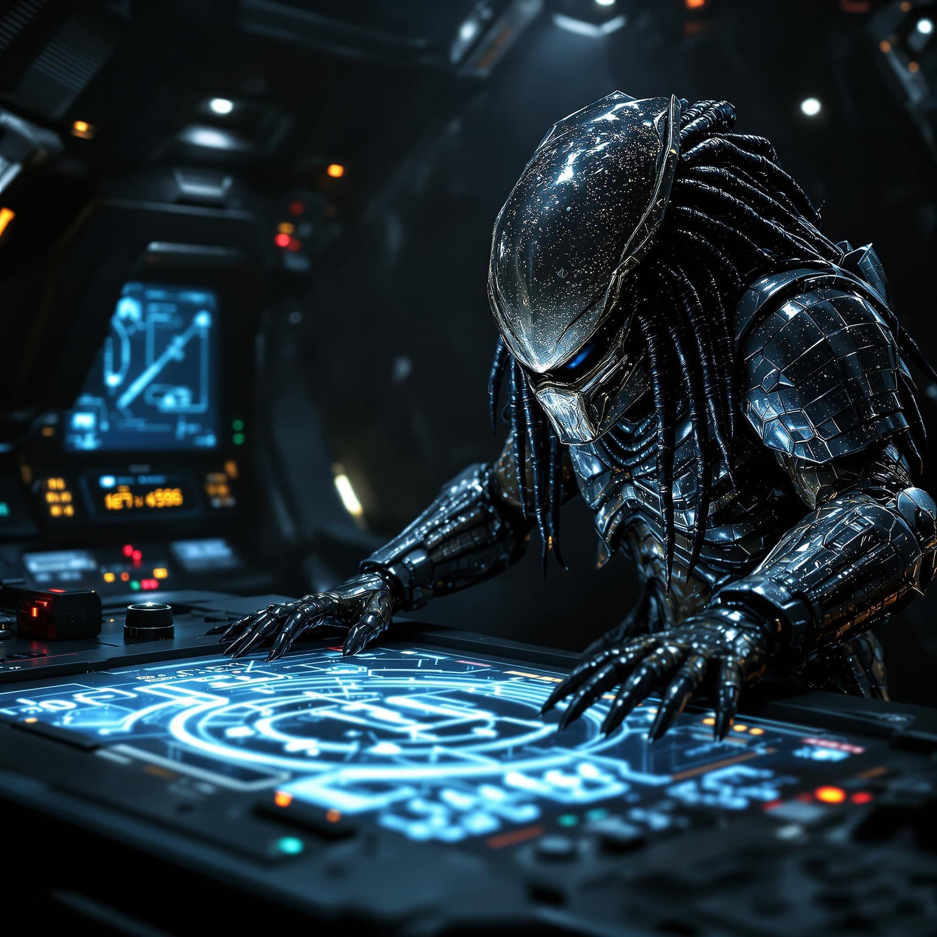 AI generated: a highly detailed cinematic rendering of a predator from the movie alien vs predator, a futuristic h...