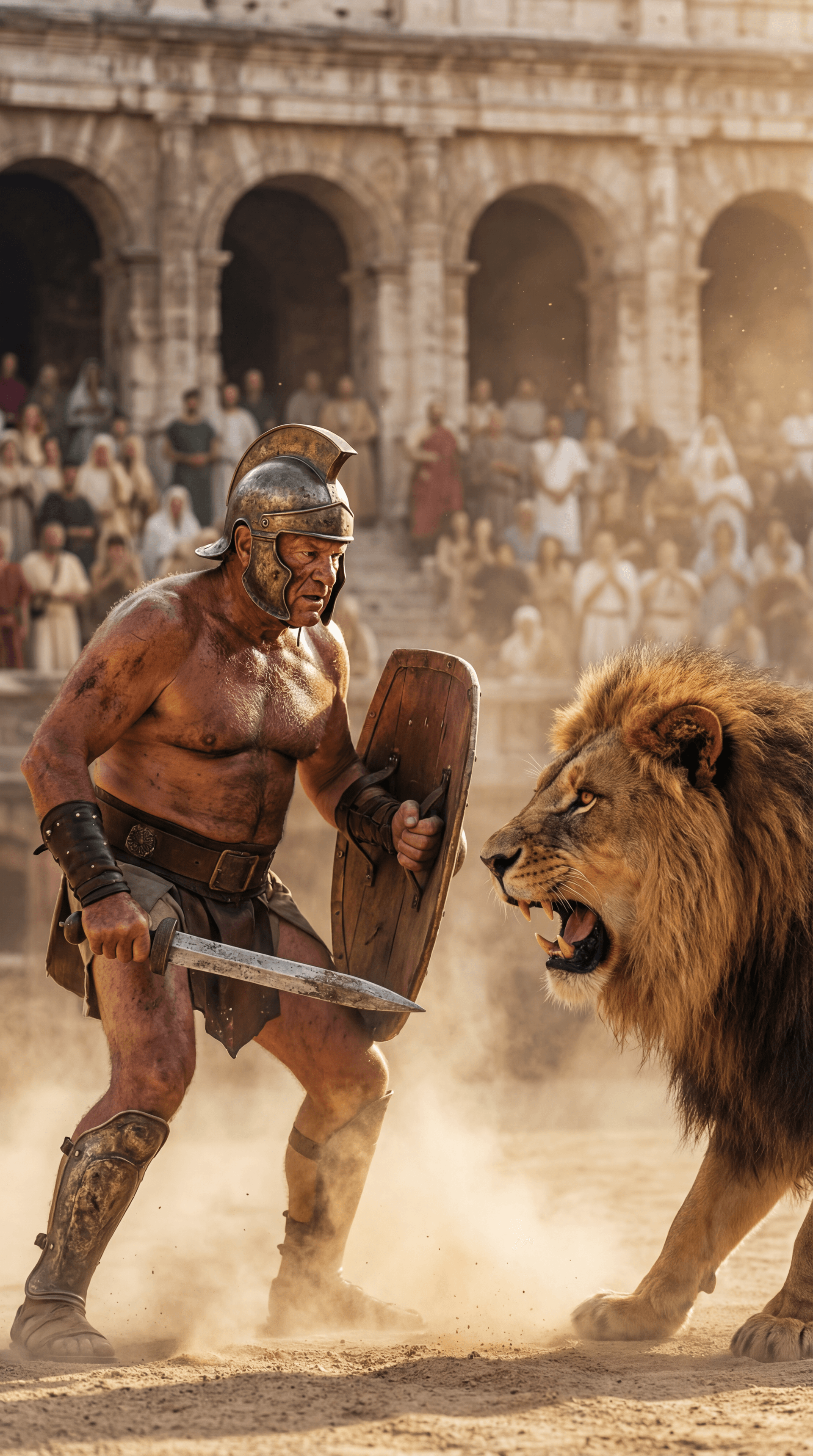 AI generated: Ultra-realistic documentary-style action photography inside the Roman Colosseum, bathed in warm gold...