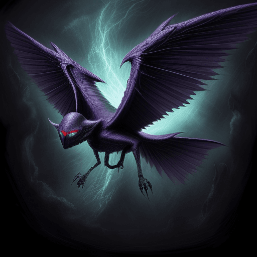 AI generated: A winged creature , flying through the sky , he has glowing eyes and fangs , hyper surrealism, h.p.l...