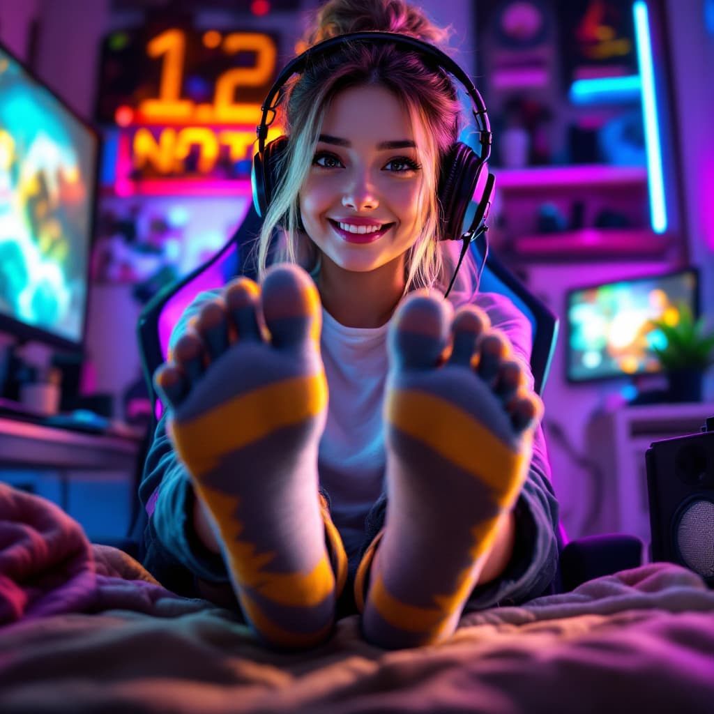 AI generated: Generate a detailed description for a digital artwork featuring a gamer girl showing her feet to the...