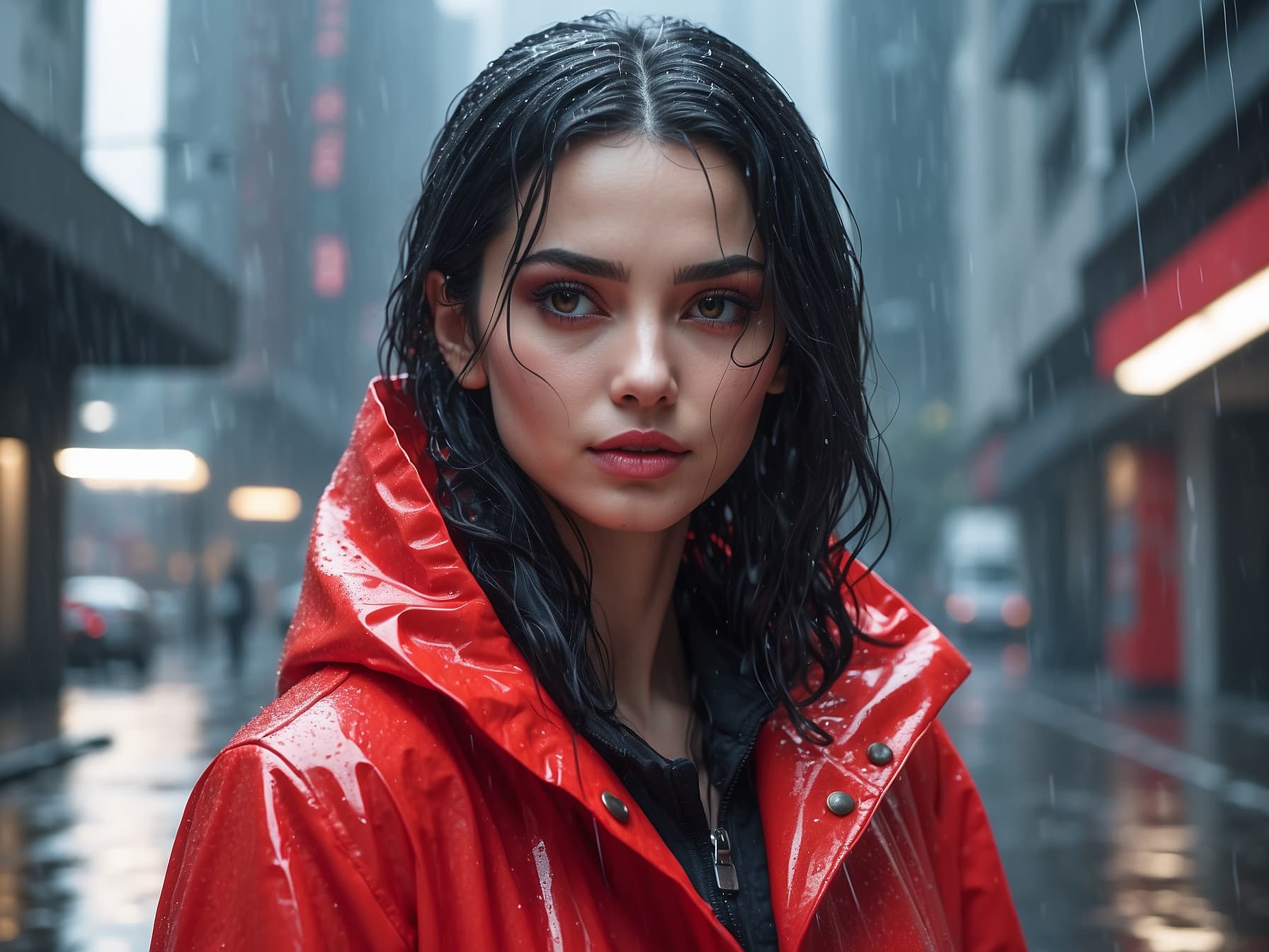 AI generated: a woman in a red raincoat standing in the rain, a photorealistic painting by Hedi Xandt, featured on...
