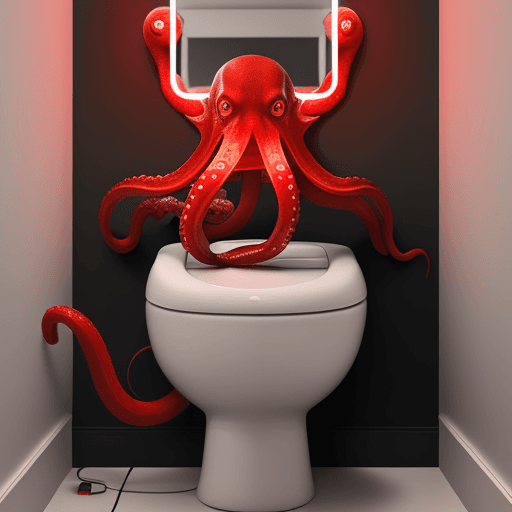 AI generated: red octopus ::1 reading the newspaper sit on a toilet, white lights, white tones, white wall, mirror...