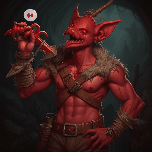 AI generated: Fantasy, DND, kobold, male, red skin, red eyes, holding wrench, messy, mouth open
