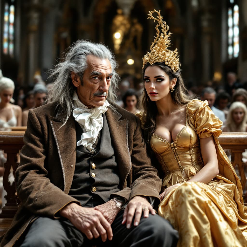 AI generated: Salvador Dalí sitting next to carmen electra in church. The church is filled photo models.