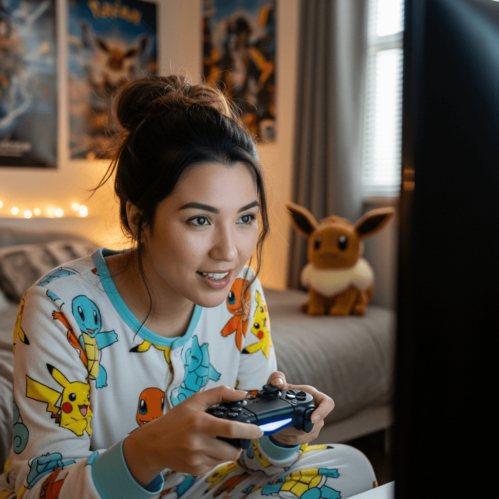 AI generated: 25 year old stunning half-korean woman, dressed in pokemon pajamas playing video game in her bedroom...