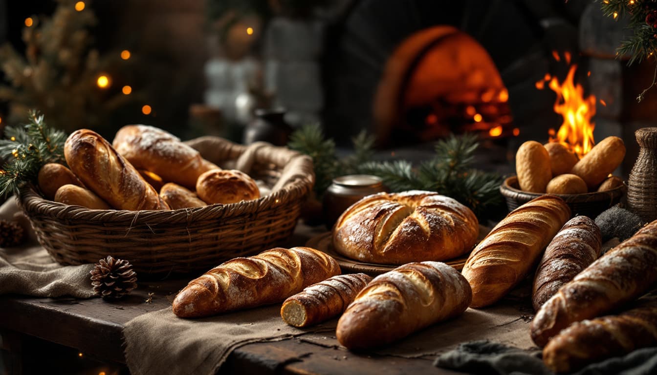 AI generated: Still life with traditional breads and Christmas breads, black and gold color palette, wood-fired ov...