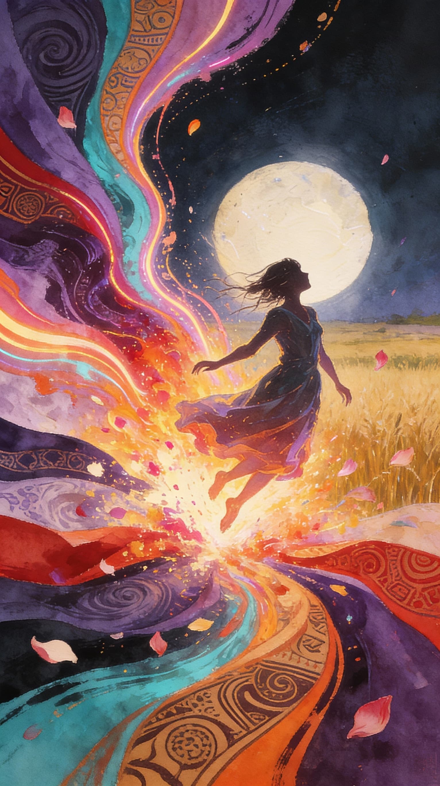 AI generated: artistic, water painting style, art piece showing a lone figure falling into an explosion of vibrant...