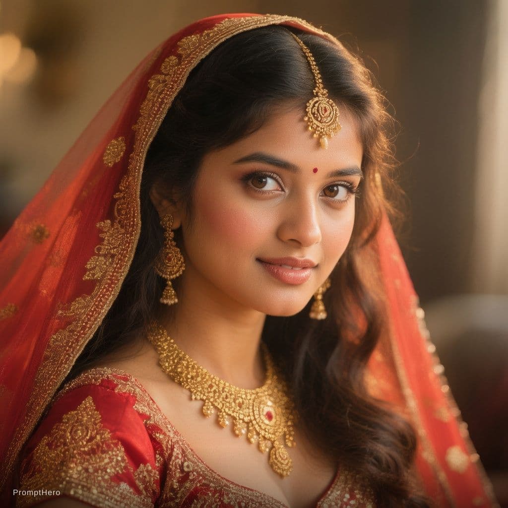 AI generated: A young South Asian woman is depicted in a close-up portrait, her head and shoulders filling the fra...