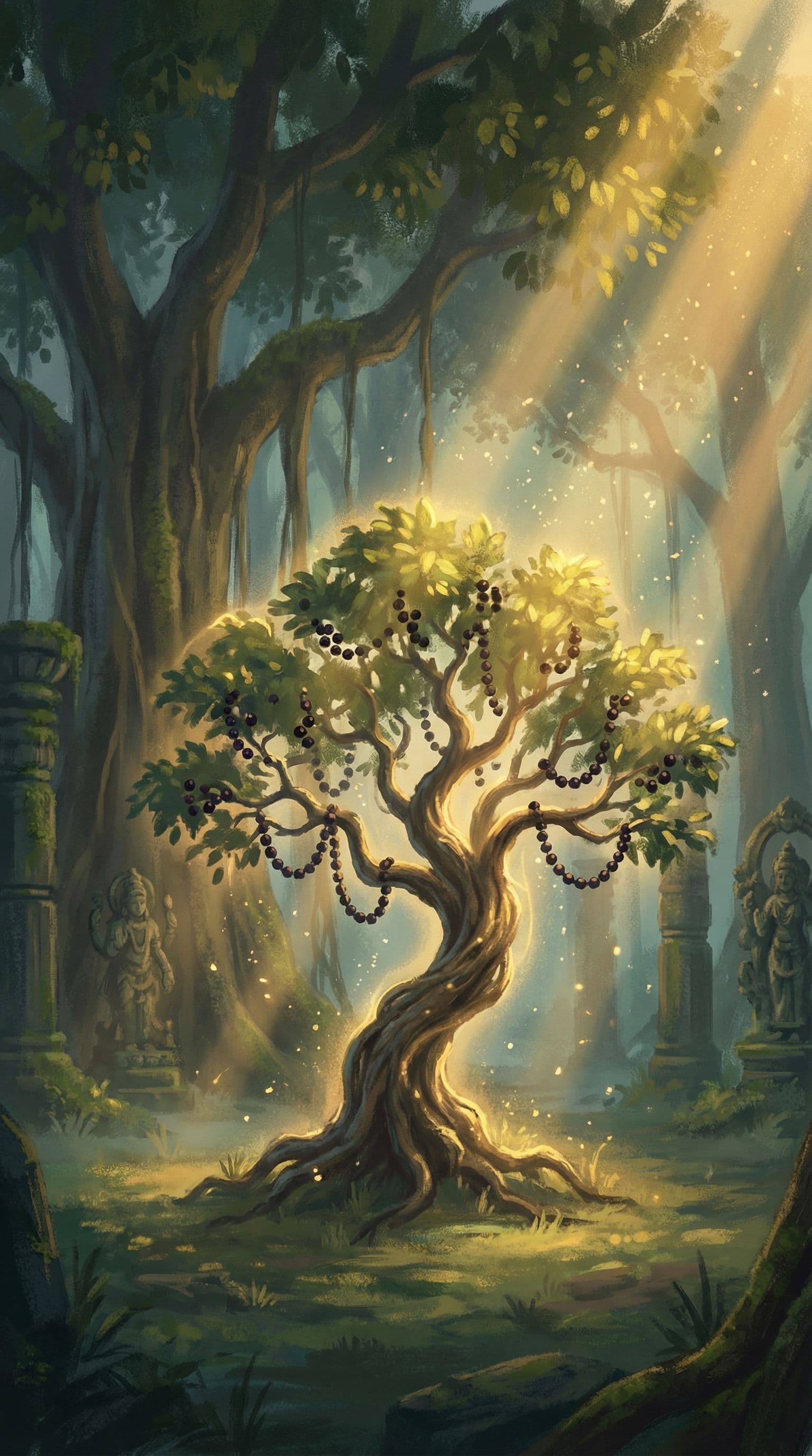 AI generated: A sacred rudraksha tree glowing softly in a forest clearing, golden light rays passing through leave...