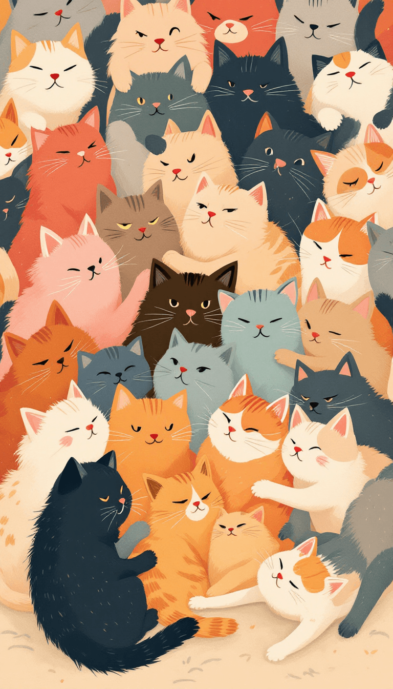 AI generated: A whimsical, vibrant illustration of multiple cats, varying in breed, size, and color, gathered toge...