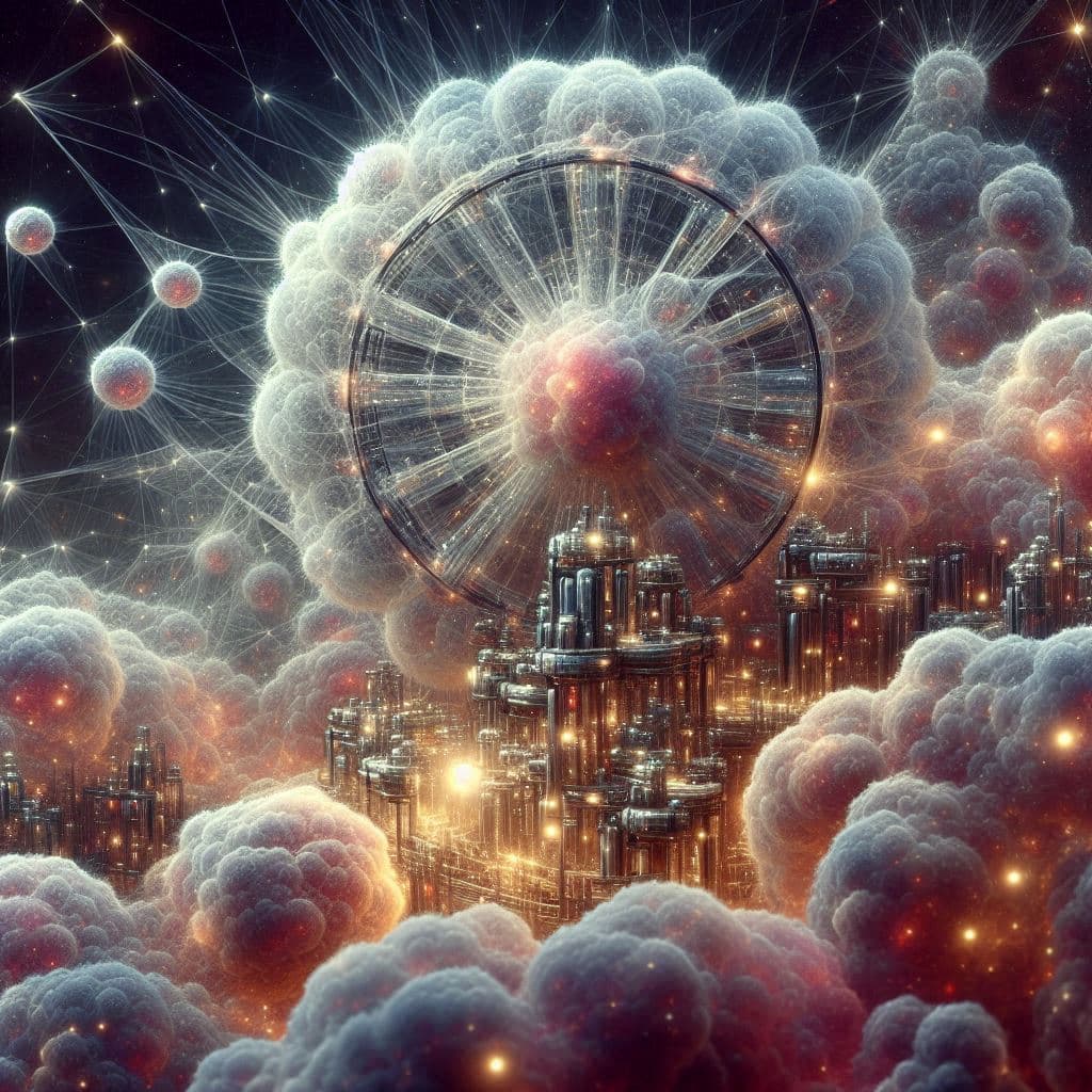 AI generated: In the foreground is a translucent bio/fractalius engine made of radio tubes. The hairy universe is ...