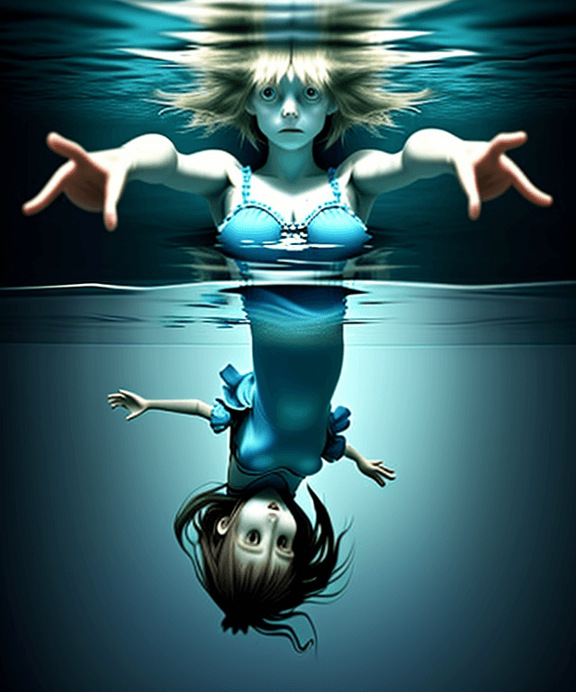 AI generated: alice  floating horizontally under water.
realistic and not creepy
 one arm pointing towards the sur...