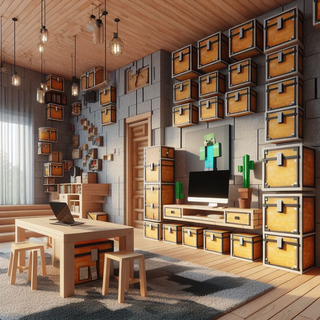 AI generated: interior of a real life modern house decorated with 3d minecraft blocks, in the walls there are ches...