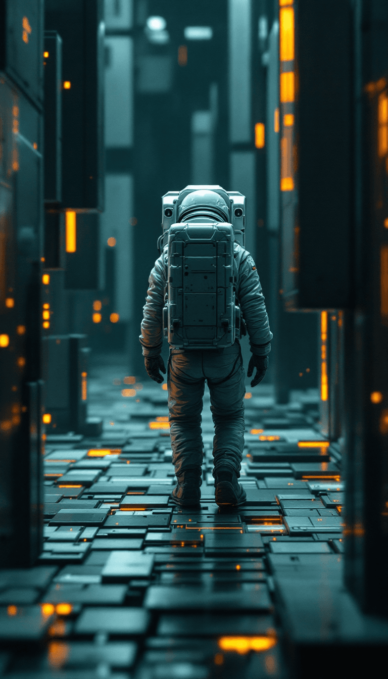 AI generated: wide angle photo of an astronaut:: minimalist space metal basket weaving blocks, in the style of mov...