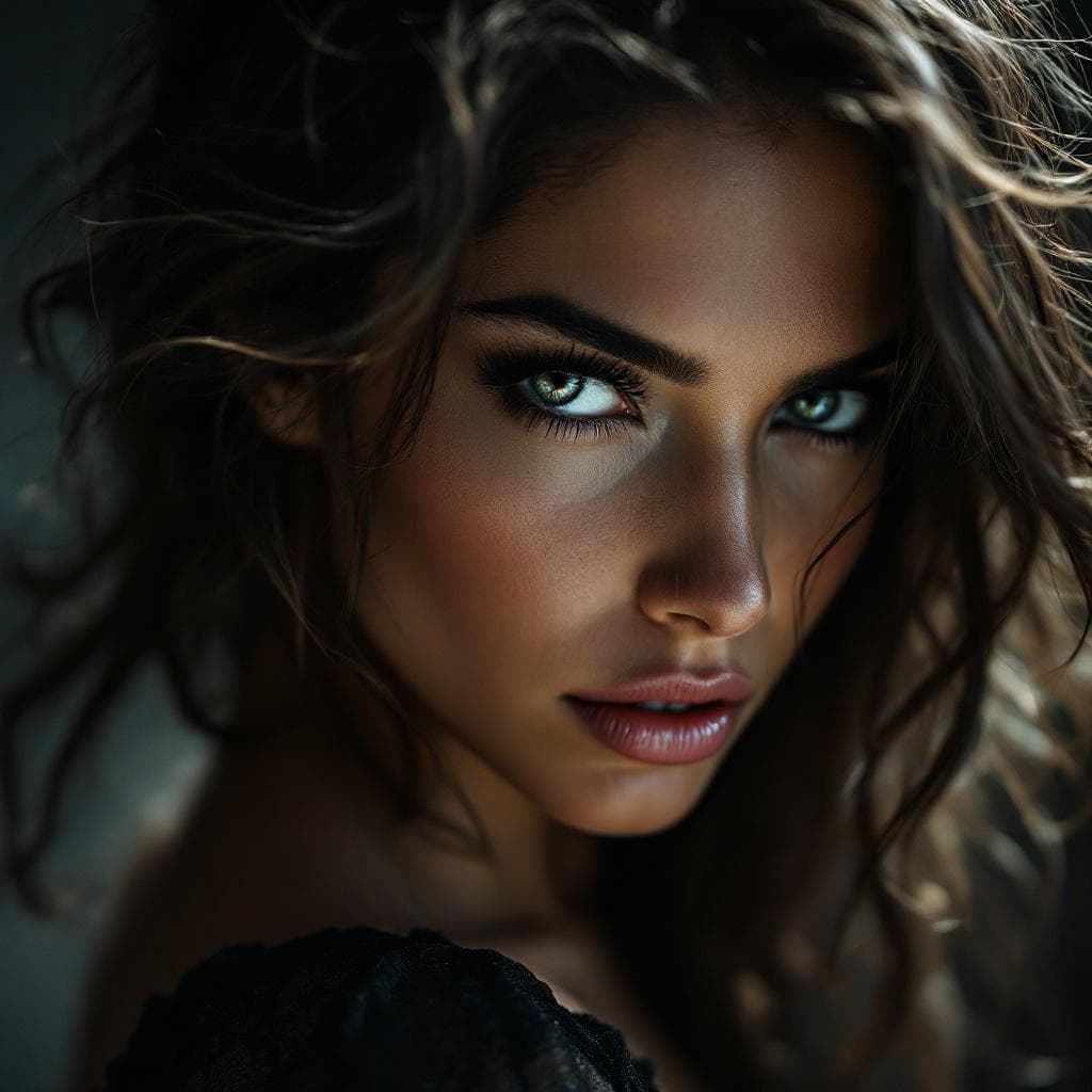 AI generated: Beautiful fierce-looking woman, three-quarter view turn, intense eyes full of power and emotion, hig...