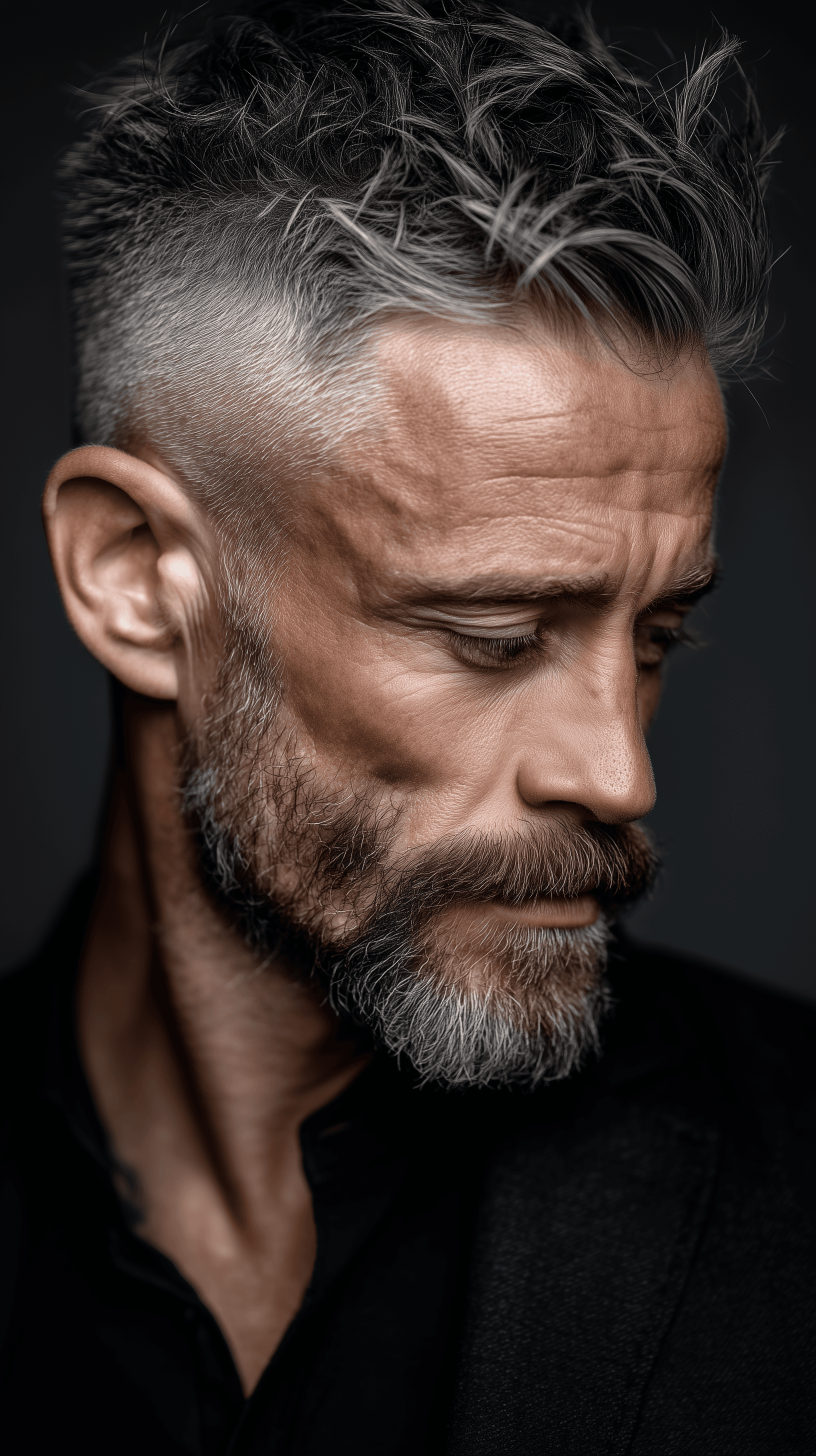 AI generated: hair photography, side-profile portrait, man, high fade with hard part hairstyle, steel gray hair co...