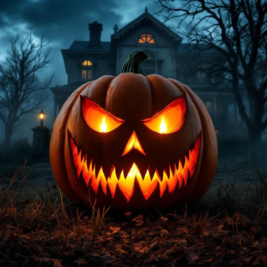 AI generated: A halloween Pumpkin carved to scare with candlelit eyes on porch of a victorian house on an eerie ni...