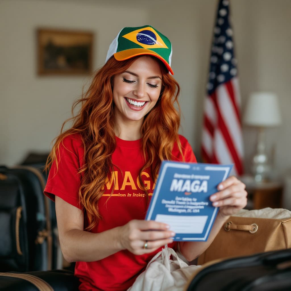 AI generated: Generate a red-haired woman with wavy hair wearing a red shirt with the text "MAGA" and a cap in the...