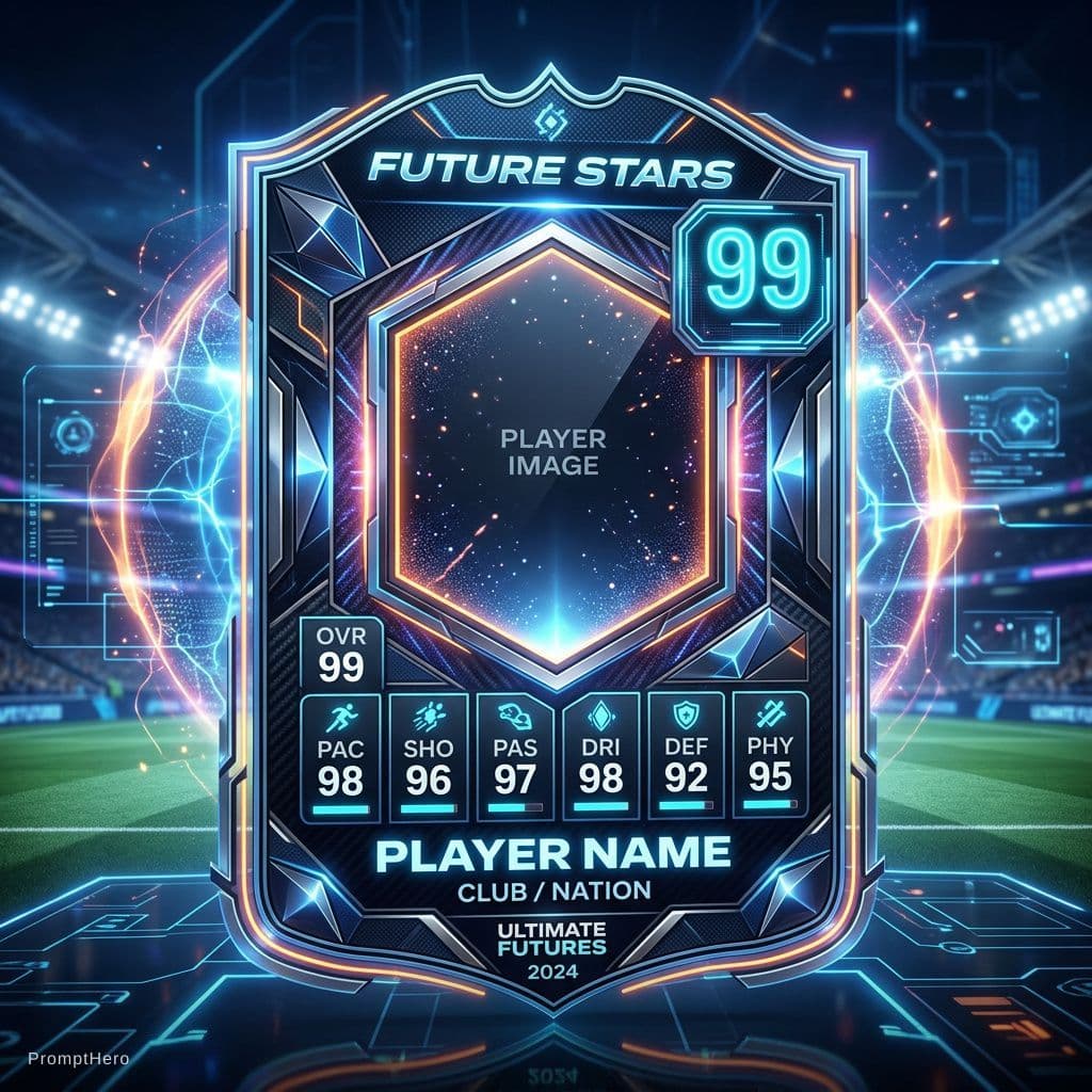 AI generated: Create a template for a sport trading card for soccer, no player, like fifa card but more futurestic...