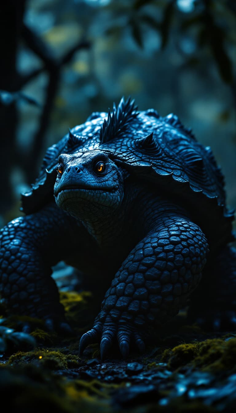 AI generated: "A surreal hybrid of a Galapagos Giant Tortoise and a Tuatara, set against the dimly lit, tranquil b...