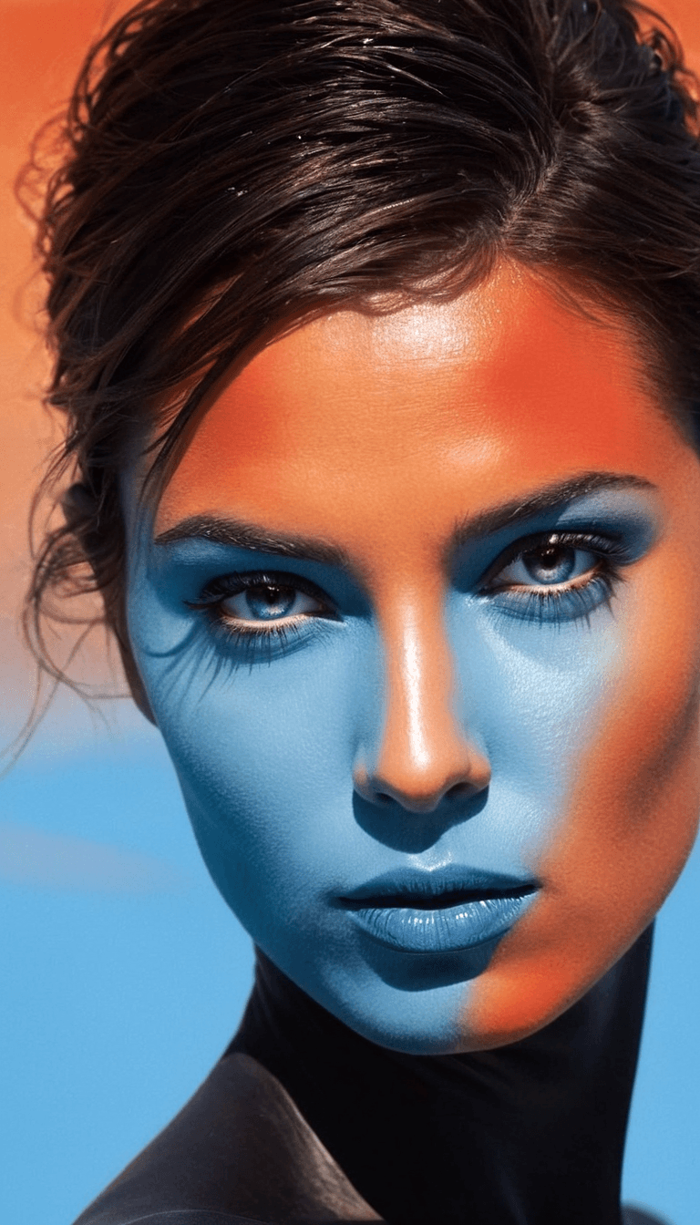 AI generated: digital art, fashion editorial, a woman's intense gaze splits the icy blue and orange colors, highre...