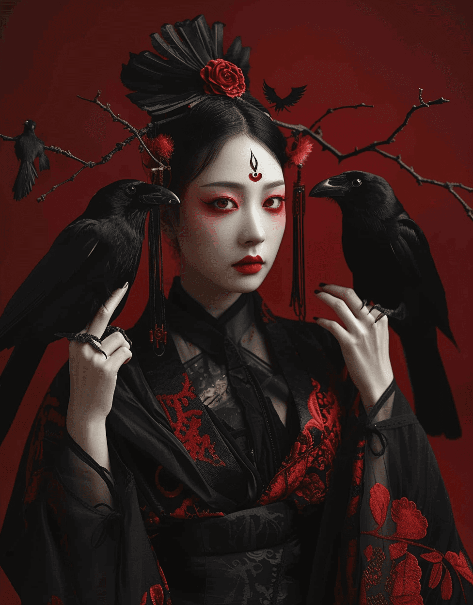 AI generated: a woman wearing an asian style costume with two birds on her hand, in the style of gothic realism, d...