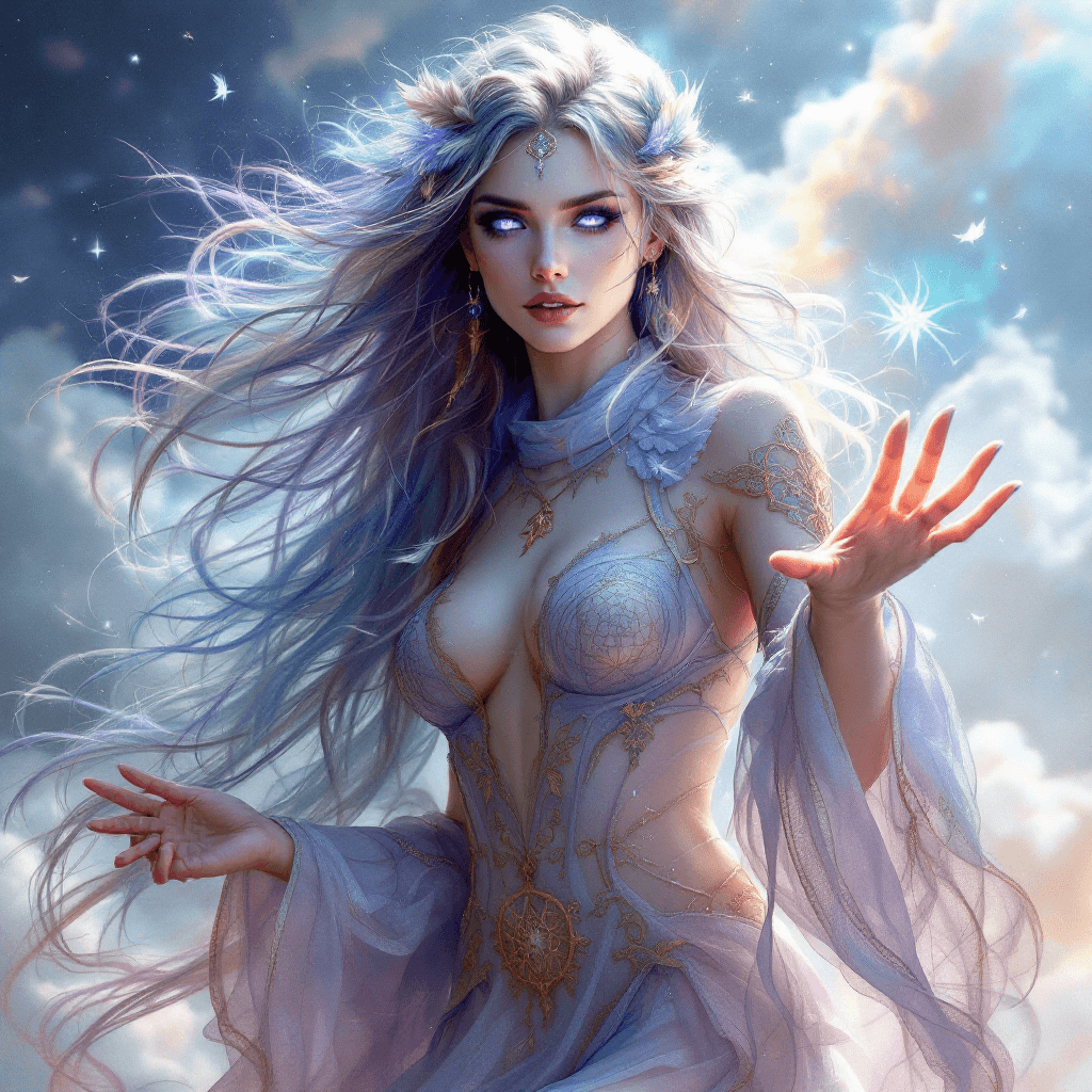 AI generated: The Dream Weaver: A mysterious woman with long, flowing, iridescent hair that seems to shift in colo...